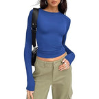 1pcs Four Seasons Fashion Senior Women T-shirt Long Sleeve Crew Neck Solid Slim Fit Tee Ladies Crop Top  Daily Streetwear Camis - Matrix-studios.com