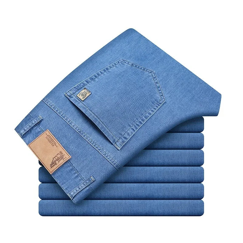 Men's Ice Silk Jeans Summer New Lyocell Thin Business Casual Denim Pants Classic All Match Slim Fit Straight Elastic Jean Male - Matrix Studios