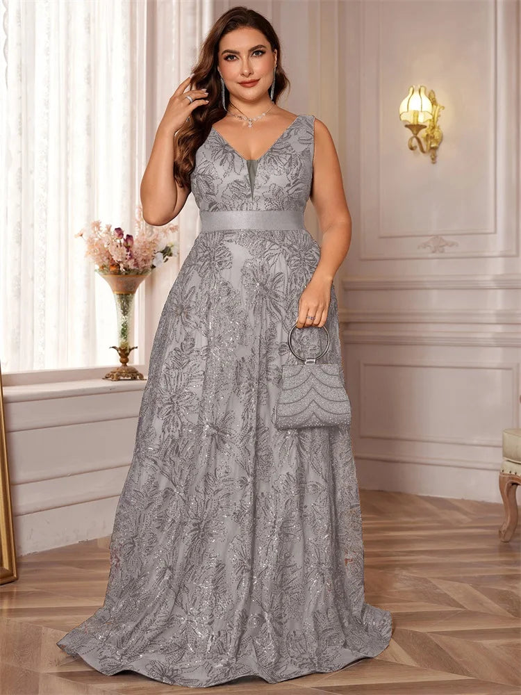 Plus Size Luxury Deep V-Neck Sequins Blue Evening Dress Women Elegant V-back Wedding Party Long Prom Cocktail Dresses - Matrix Studios