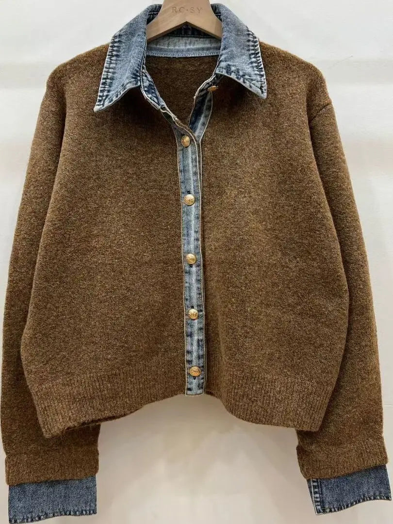 Chic Denim Collar Stitching Fake Two-piece Sweater Women's Cardigan New Single Breasted Knitted Jacket Coat Female Outwear - Matrix Studios