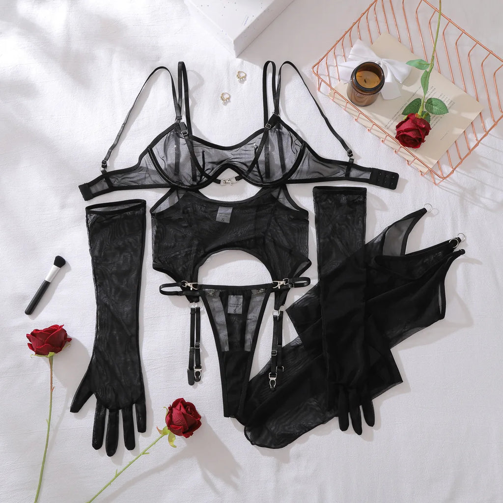 Sexy Mesh Breathable Lingerie Stockings Women's Shaping Ultra-thin Split Underwear Set Female Solid See Through Bra & Brief Sets - Matrix-studios.com