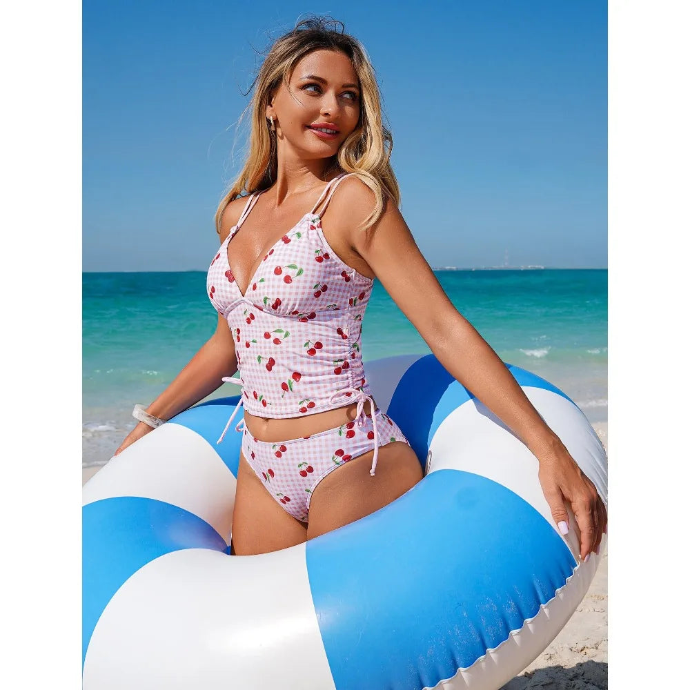 Two Piece Tankini Y2K Tummy Control Swimsuit Gingham Cherry Bikini Set Halter V Neck Slimming Bathing Suit Beachwear Women - Matrix-studios.com