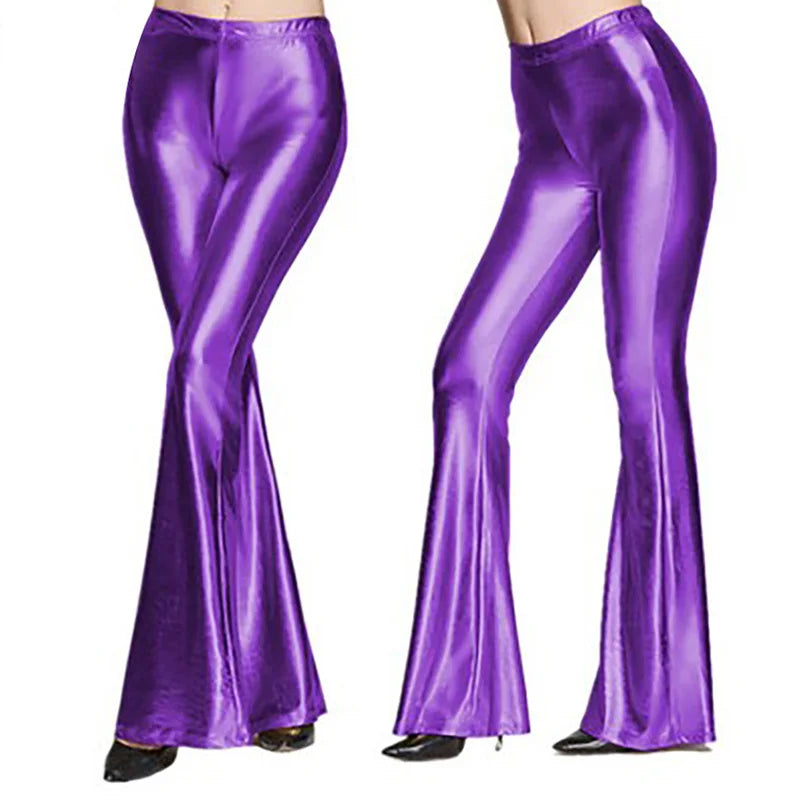 Women Shiny Flare Trousers Metallic Bell Bottoms Ruffle Wide Leg Pants Retro 70s Retro Disco Costume Stage Prom Club Trouser