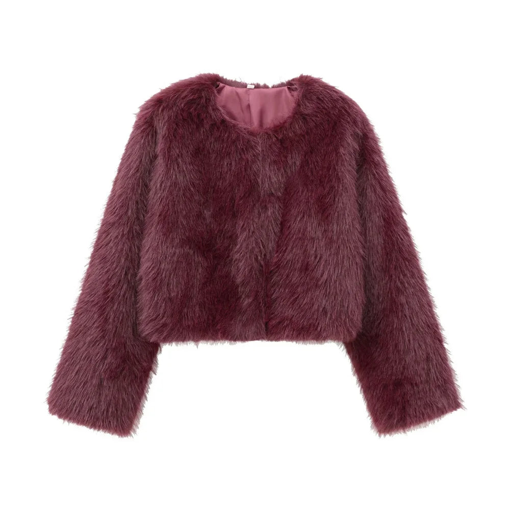 Women's Thick Warm Faux Fur Cropped Jacket, O Neck, Long Sleeve, Female Outerwear, Chic Tops, Fashion - Matrix Studios