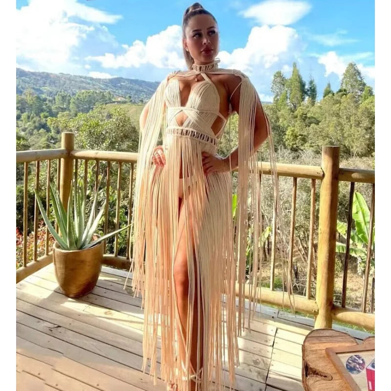 Bohemian Crochet Knitted Women Beach Cover Ups Vintage Tassel Halter Neck Long Maxi Dress Backless Vestidos Customizable Colors - Matrix Studios