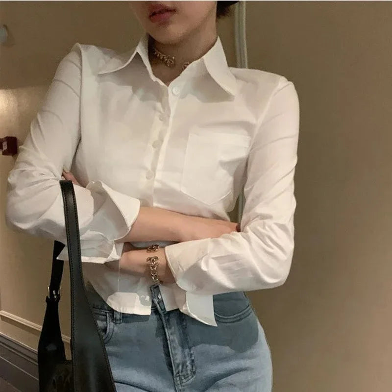 Korean White Office Women Chiffon Shirt Pocket Button Lapel Ladies Blouse Spring Commuter Long Sleeve New Female Crop Tops - Matrix-studios.com