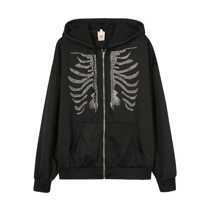 Y2K Rhinestone Skeleton Hoodies Women Gothic Black Zip Up Oversized Sweatshirts Female Retro Harajuku Hooded Jacket Streetwear - Matrix Studios