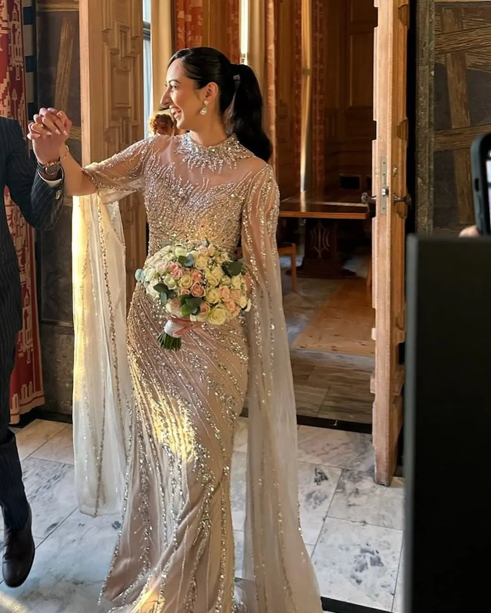 Eshaut&bridal Luxury Beaded Evening Dress Cape Sleeve Dubai Sheer Neck Mermaid Formal Prom Wedding Party Gown Customized 2026 - Matrix Studios