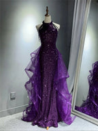 Elegant Sparking Navy Blue Evening Dresses Halt Beading Party Gown Customized Prom Dress 2025 Tiered robes de soirée Sweep Train - Matrix Studios