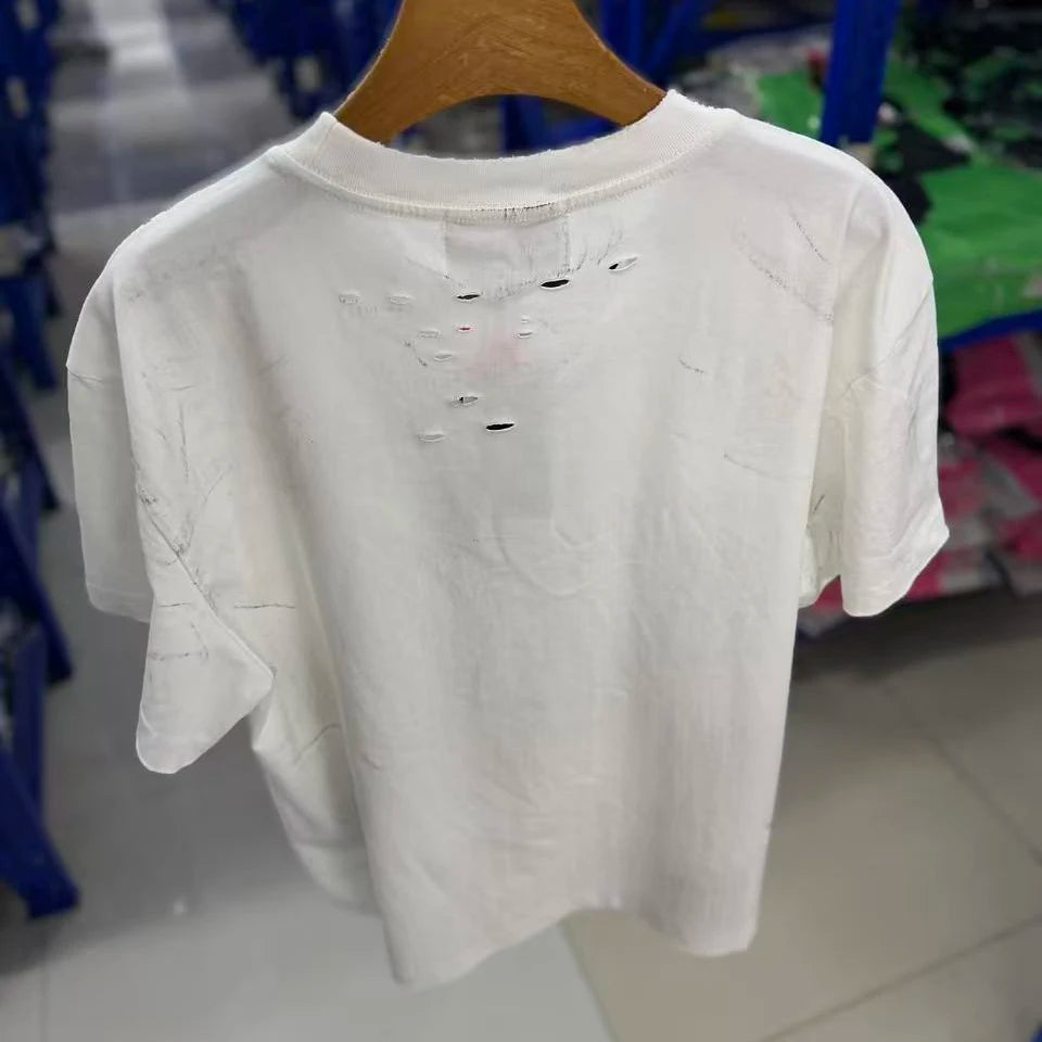 Satoshi Nakamoto T-shirt 26SS Destroyed Washed White Letter Print Vintage Ripped Short-Sleeved T Shirts Men Women Streetwear - Matrix-studios.com