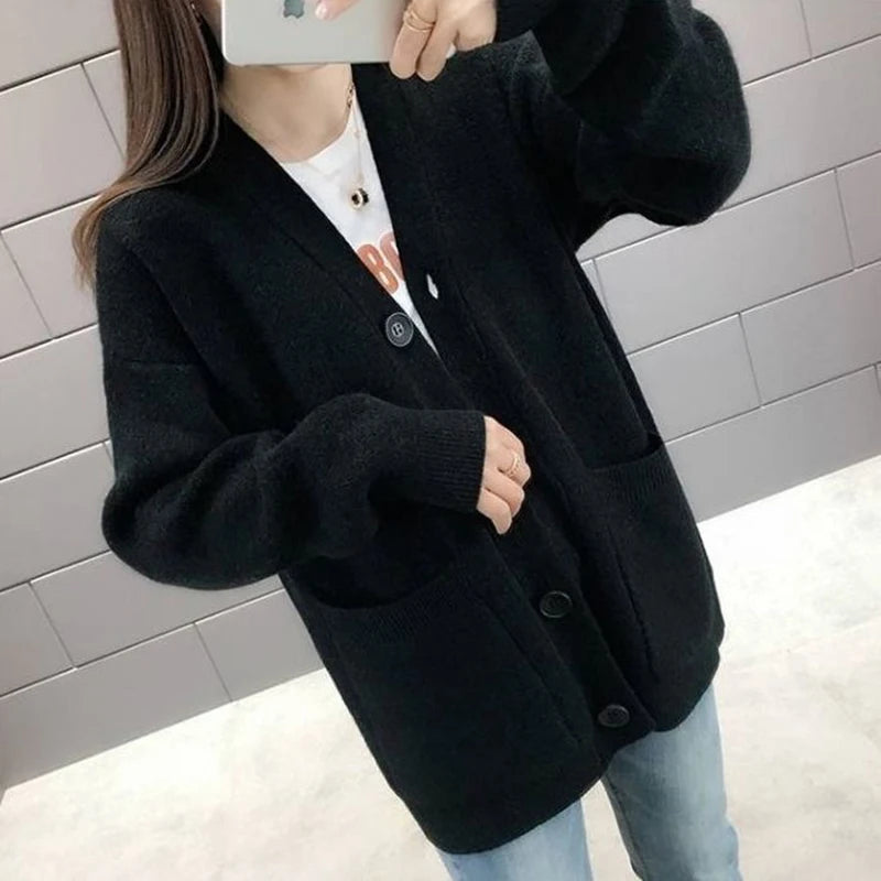 2024 Chic Yellow Sweater Cardigan Women Lazy Wind Single-Breasted Knitted Cardigan Women Solid V Neck Cardigans Female - Matrix Studios
