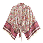 Happie Queens Floral Print Sashes Short  Kimono Women Fashion V Neck Batwing Sleeves Robe Lady Boho Bikini Cover-ups - Matrix Studios