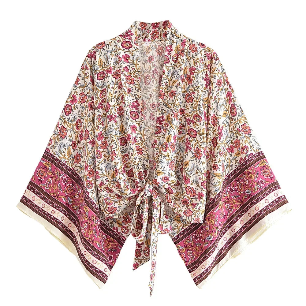 Happie Queens Floral Print Sashes Short  Kimono Women Fashion V Neck Batwing Sleeves Robe Lady Boho Bikini Cover-ups - Matrix Studios