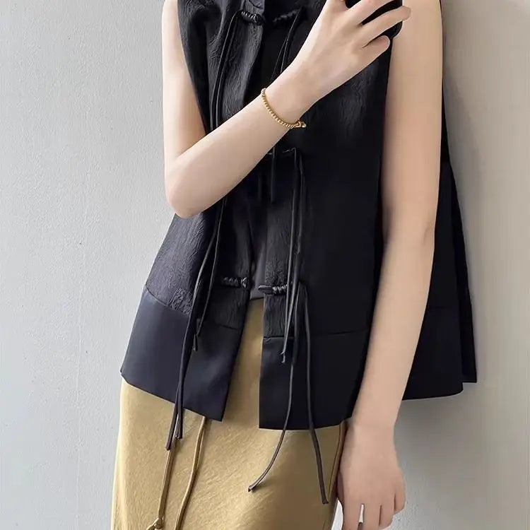 Chinese New Plate Button Vest Jacket 2025 Spring New Jacquard Stand Collar Sleeveless Waistcoat Retro Women Cheongsam Tops - Matrix Studios