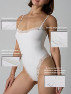 VITALINOVO Women Square Neck Lace Trim Bodysuit High Cut Thong Spaghetti Strap Cami Bodysuit Double Layer Going Out Tank Tops - Matrix-studios.com