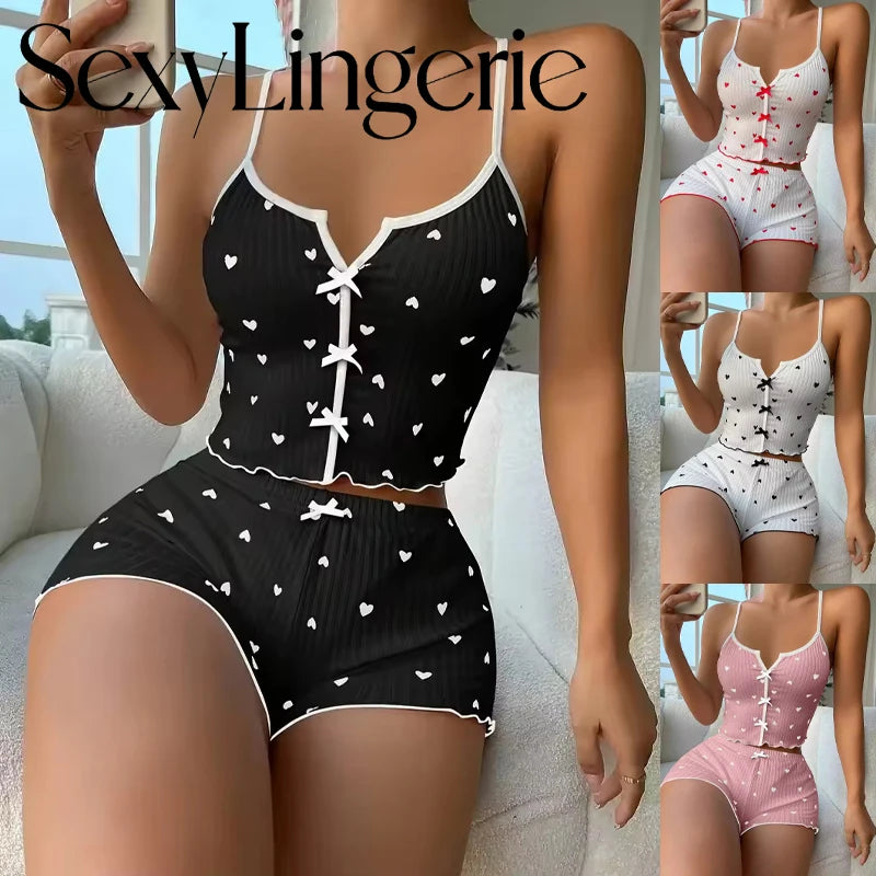 Sexy Sleepwear Women Pajamas Set Heart Print Silk Stain V-Neck Sleeveless Casual Cami Top and Shorts Sets Home Suit Loungewear - Matrix-studios.com