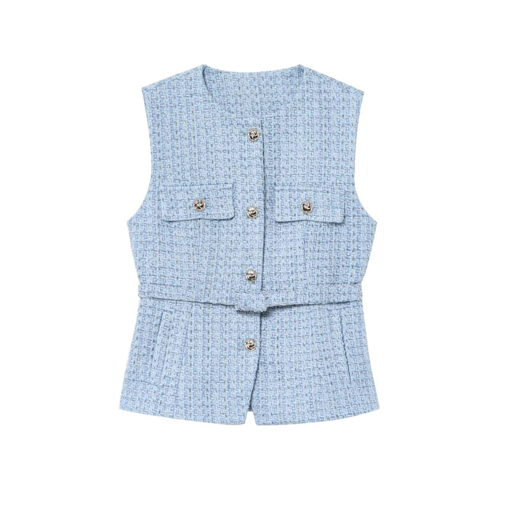 Women's Tweed Waistcoat with Belt, O Neck, Sleeveless, Front Button, Female Outerwear, Chic Tops, Fashion - Matrix Studios