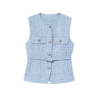 Women's Tweed Waistcoat with Belt, O Neck, Sleeveless, Front Button, Female Outerwear, Chic Tops, Fashion - Matrix Studios