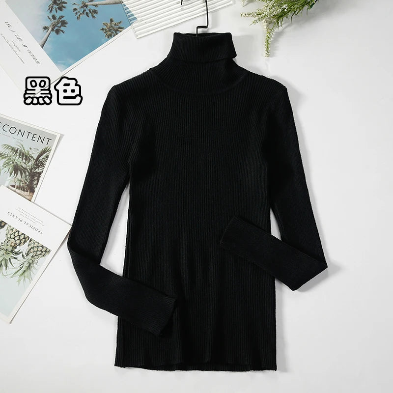 2026 Simple Women Turtleneck Sweater Winter Fashion Pullover Elastic Knit Ladies Jumper Casual Solid Black Female Basic Tops - Matrix Studios
