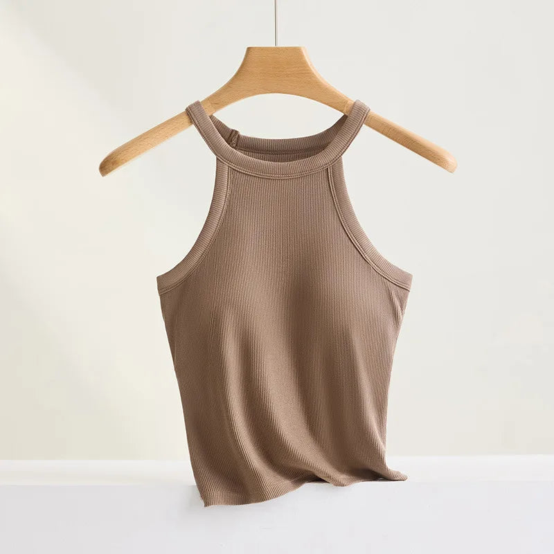 Threaded Halter Neck Camisole Top With Build-in Bra High Elastic Slim-fitting Sling Fixed Cup Breathable Women Underwear - Matrix-studios.com