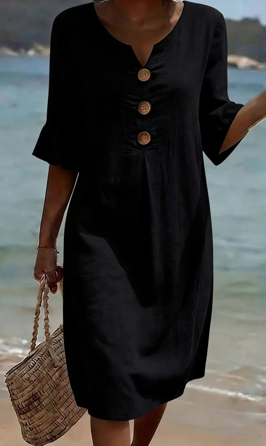 2026 Amazon European and American Cross-Border Spring and Summer New Cotton and Linen V-Neck Dress with Large Buttons and Ruffle - Matrix-studios.com