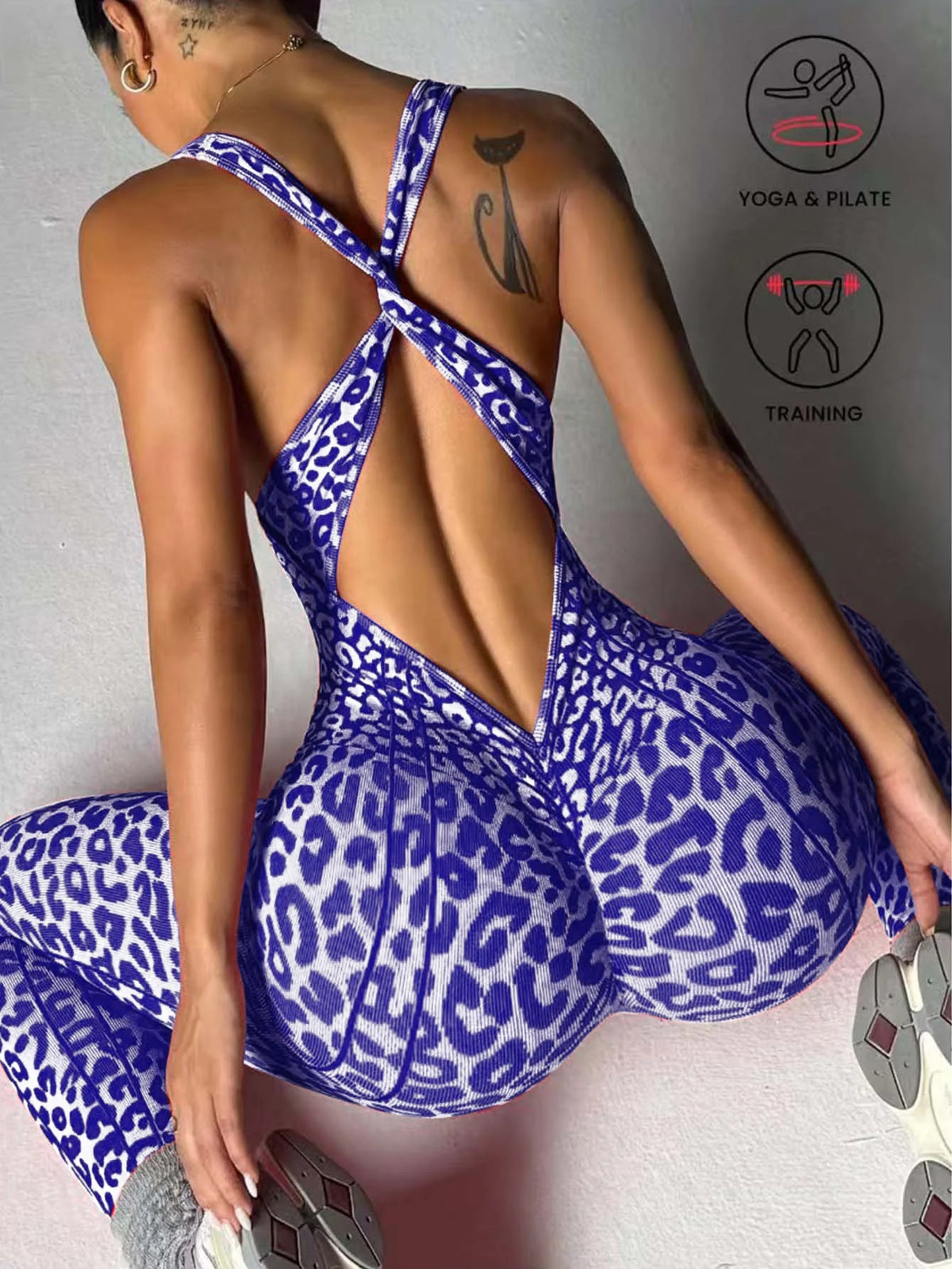 Sexy Leopard Print Sports Jumpsuits for Women V-neck Backless Yoga Bodysuit Female Sleeveless Tight Gym Running Fitness Overalls - Matrix Studios