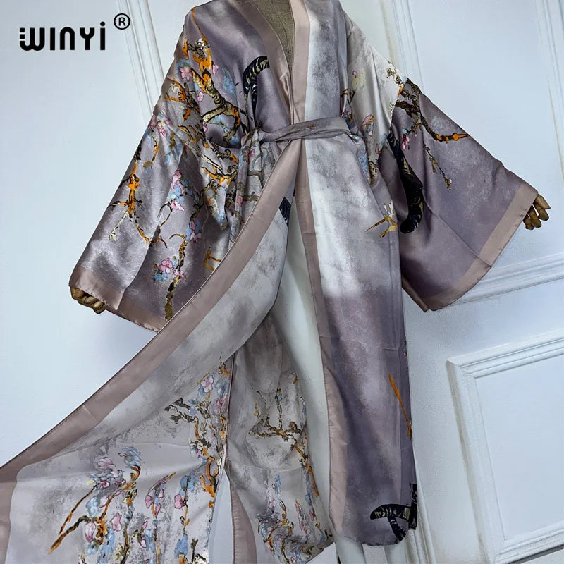 WINYI Kimono Women Summer Fashion Print Long Sleeve Cardigan Female Loose Abaya Casual Beach Cover Up Boho Dress With Scarf - Matrix Studios