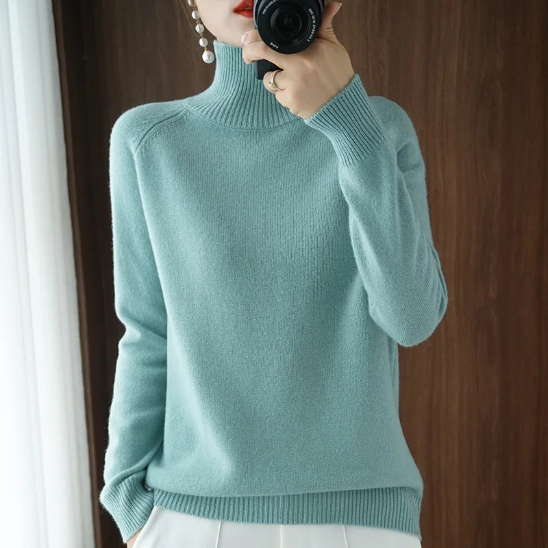 Autumn Winter Mock-Neck Merino Wool Pullover Basic Casual Cashmere Sweater Comfort Womes Raglan Sleeve Clothing Tops - Matrix Studios