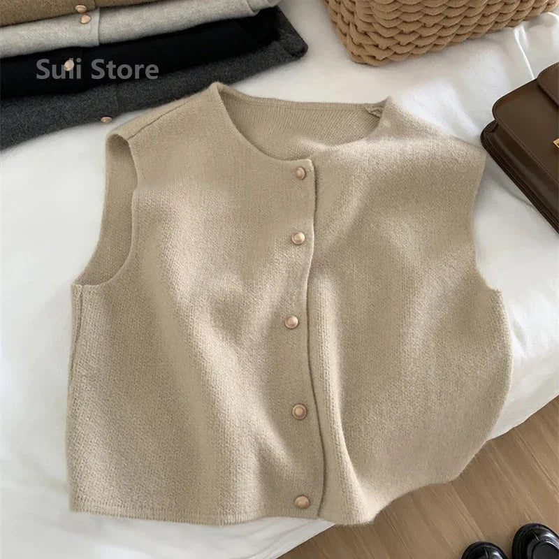 Women Sweater Vest Gold Button Up Waistcoat Soft Knitted Sleeveless Cardigan Jacket Top Fall Winter Korean Ladies Chic Outfit - Matrix Studios