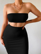 Hugcitar Women Elegant 2 Pcs Sets Strapless Sexy Tube Crop Tank Top Maxi Skirt 2025 Summer Women Casual Clothes Party Festival - Matrix-studios.com