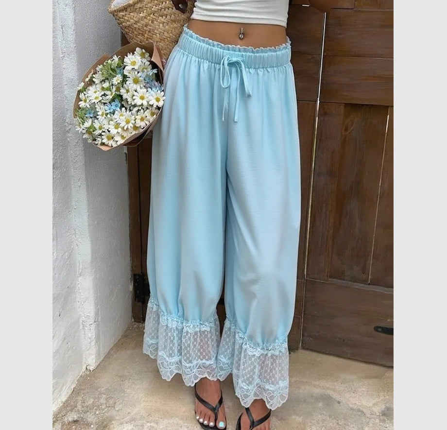 Womens Wide Leg Pants White Polyester Lace Trim Hem Casual Loose Fit Summer Trousers Wide Leg Pants - Matrix-studios.com