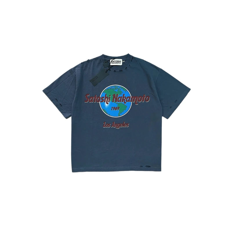 Summer Satoshi Street Vintage Letter Pattern Print Comfort Round Neck Short Sleeve Washed Versatile Trendy Loose Casual T-shirt - Matrix-studios.com
