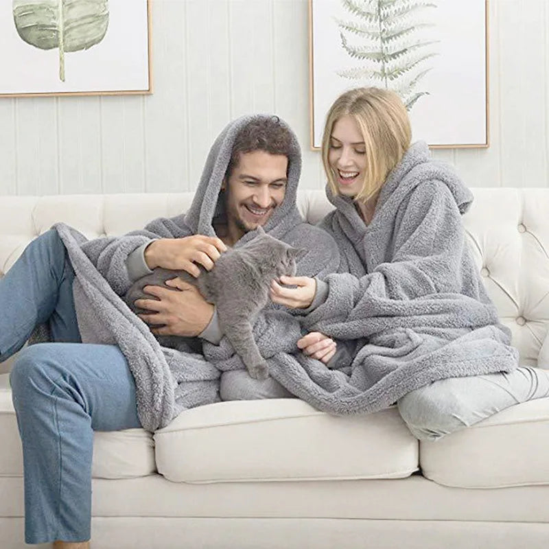 Winter Warm Unisex Double-faced Fleece Hooded Sweatshirts Casual Loose Long Thicken Pocket Pullover Batwing-sleeved Home Clothes - Matrix Studios