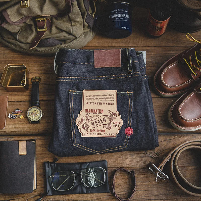 Maden Vintage 14.5oz Selvedge Raw Denim Jeans with YKK Zipper Fly Embroidery Straight Jeans Classic Men's Solid Color Trousers - Matrix Studios