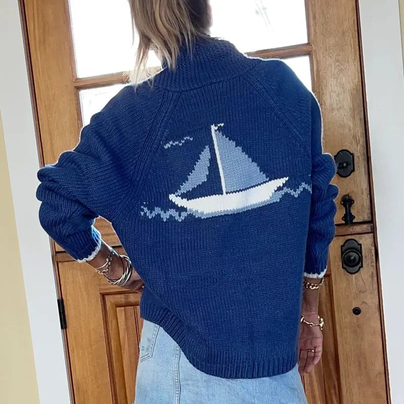 Combhasaki Women Shawl Collar Cardigan Long Sleeve V Neck Y2K Aesthetic Graphic Print Button Down Sweater Knitwear Coat Tops - Matrix Studios