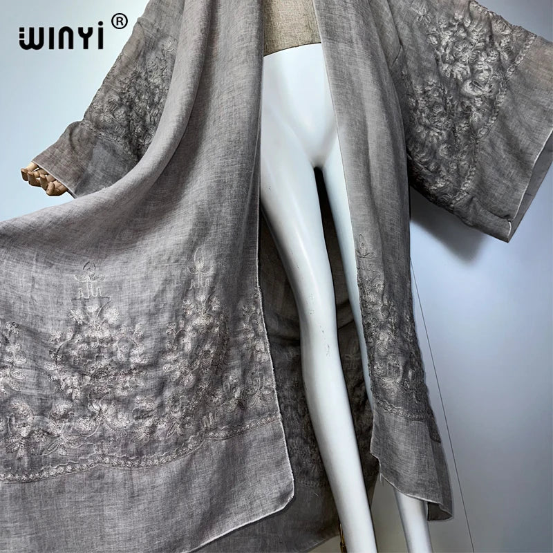 WINYI Kimono Hand-Dyed Embroidered Cardigan Beachwear Evening Dress Abaya Dubai Luxury Cover-Ups Beach Outfits Women Maxi Coat - Matrix Studios