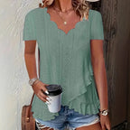 Women's Fashion Blouses Summer 2025 Ruffles Loose Hollow Out Tops Casual Solid Colors Wave V-Neck Short Sleeve White Shirts Lady - Matrix-studios.com