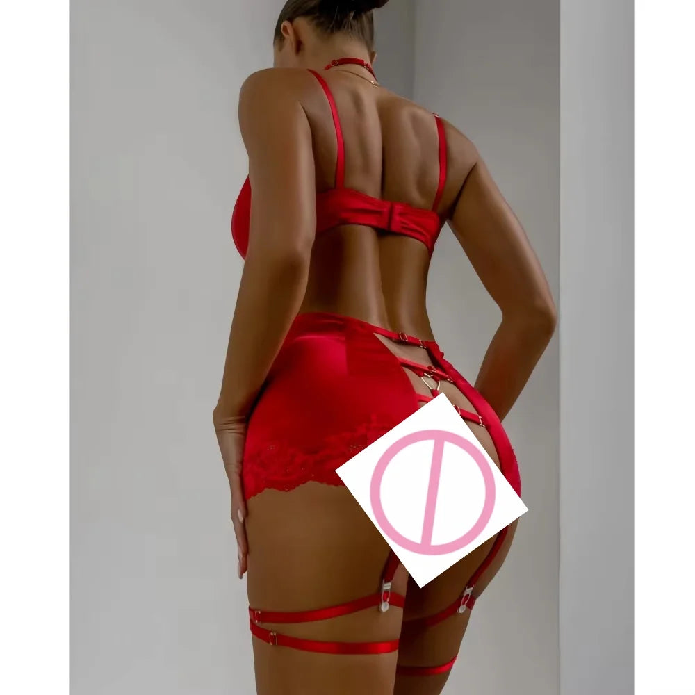 Krasapt Lace Patchwork Sheer Sexy Lingerie 4Pcs Set Sexi Woman Nightdress Suits Backless Hollow Out Bandage Erotic Adult Sex Set - Matrix-studios.com