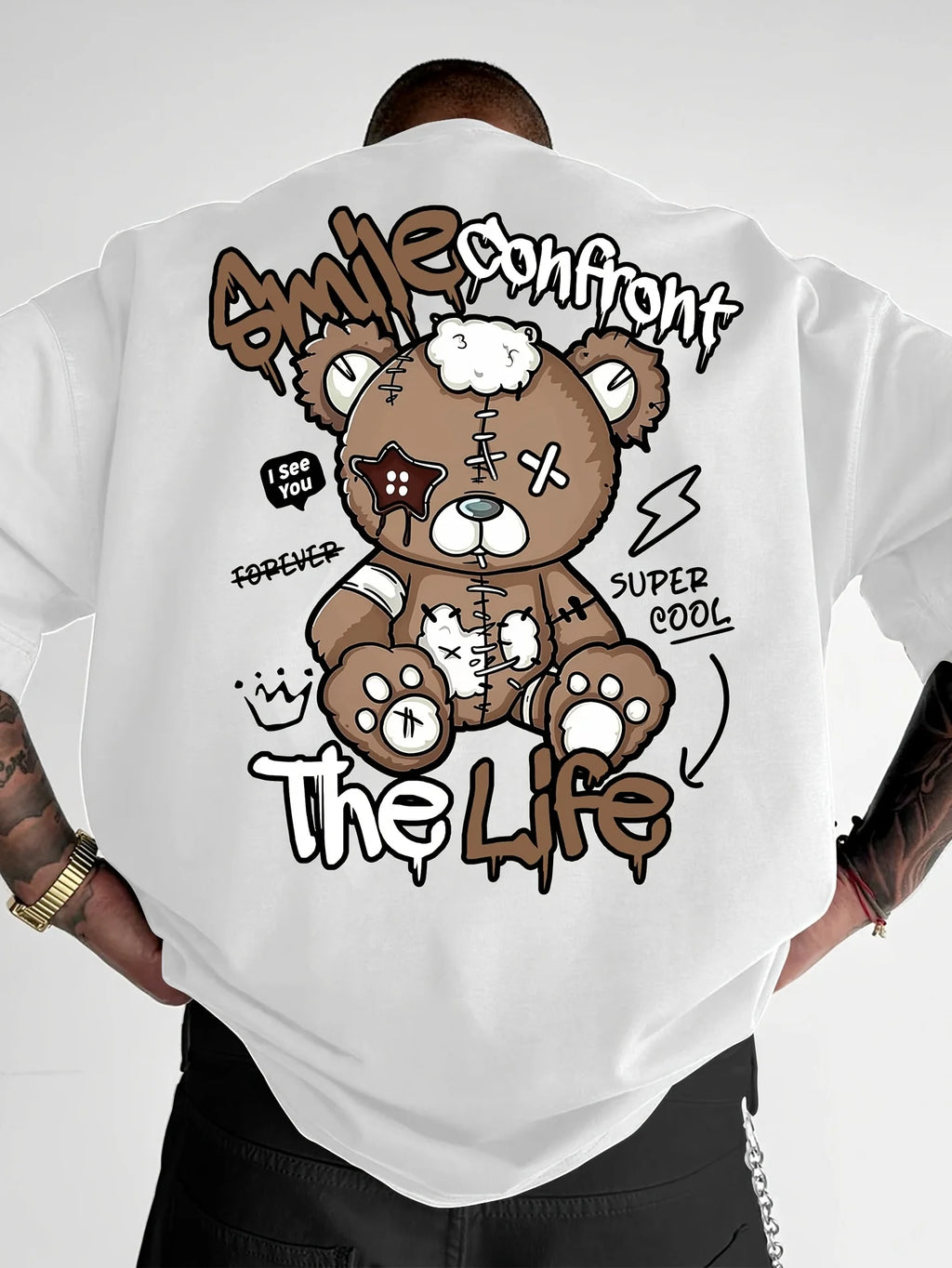 Summer New Men's Fashion Style Teddy Bear Letter Print Comfortable and Breathable Round Neck T-Shirt Outdoor High Street Top - Matrix Studios