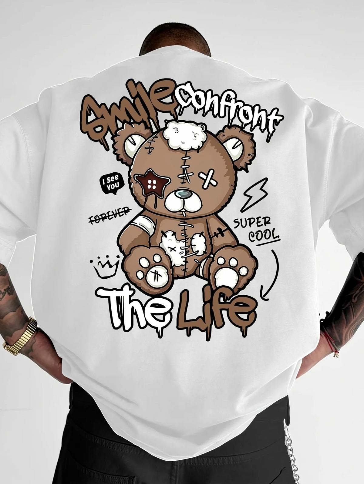 Summer New Men's Fashion Style Teddy Bear Letter Print Comfortable and Breathable Round Neck T-Shirt Outdoor High Street Top - Matrix Studios