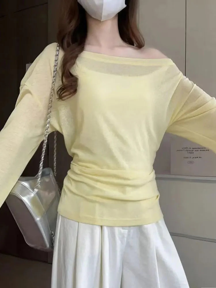 See Through Long Sleeve Oversize T Shirt Women Sexy Back Bandage Off Shoulder Top Female Basic Long Tees Korean Chic Lady New - Matrix-studios.com