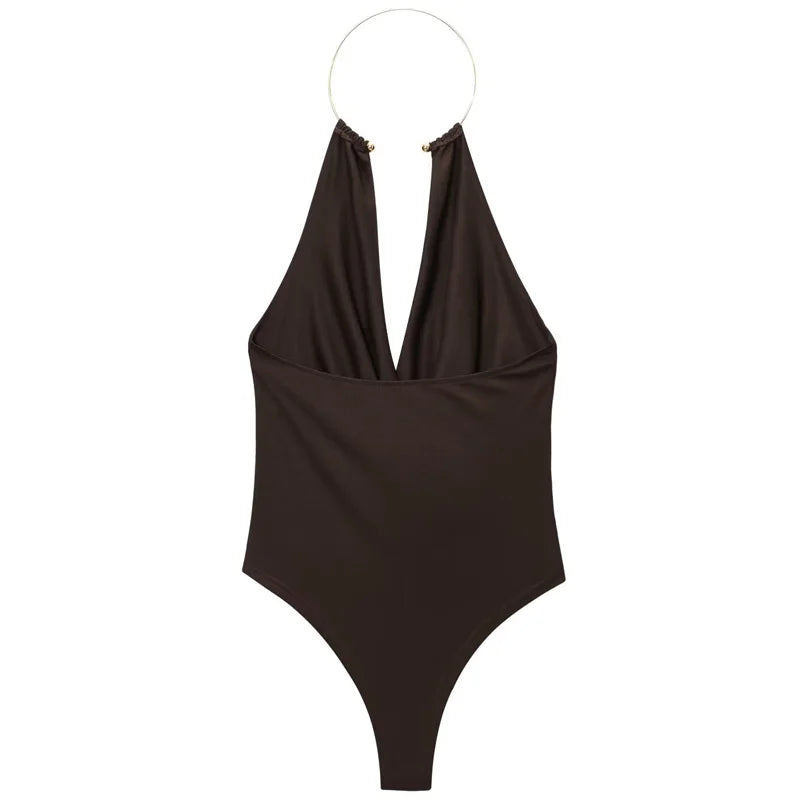 HXAO Brown Halter Bodysuit Women Summer Bodys For Sexy Women Off Shoulder Sleeveless Thong Bodysuit With Open Back Rave Bodysuit - Matrix-studios.com