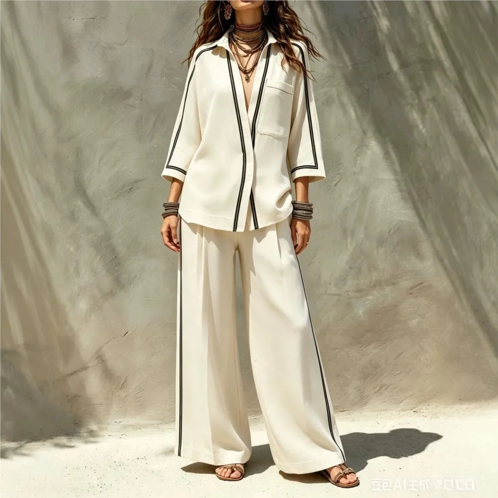 Women 2 Piece Set Contrast Black Piping 3/4 Sleeve Lapel V‑Neck Loose Shirt High Waist Wide Leg Pants Elegant Casual Office Suit - Matrix-studios.com