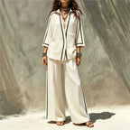 Women 2 Piece Set Contrast Black Piping 3/4 Sleeve Lapel V‑Neck Loose Shirt High Waist Wide Leg Pants Elegant Casual Office Suit - Matrix-studios.com