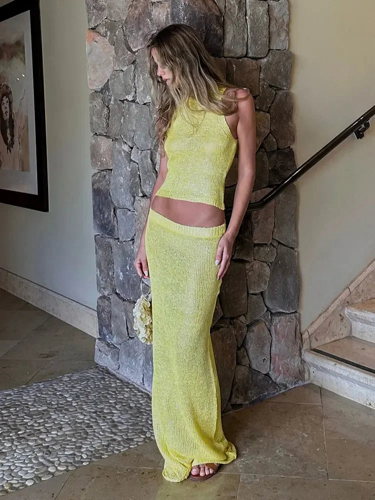 Women Sexy Knit See-through Shiny Top Half Long Skirt Set 2026 Summer Beachwear Swimsuit Cover Up 2 Piece Party Club Outfit K68 - Matrix Studios