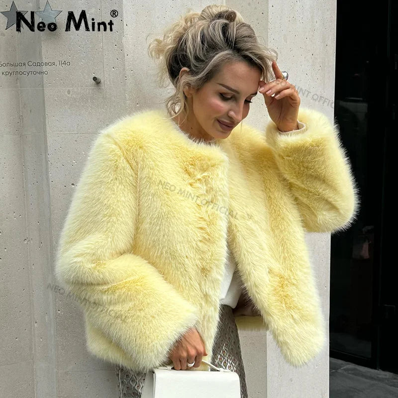 Neo Mint Cool Street Girls Winter Fashion Fluffy Fox Fur Jacket Women Casual Round Neck Faux Fur Coat Chic Thick Warm Outerwear - Matrix Studios