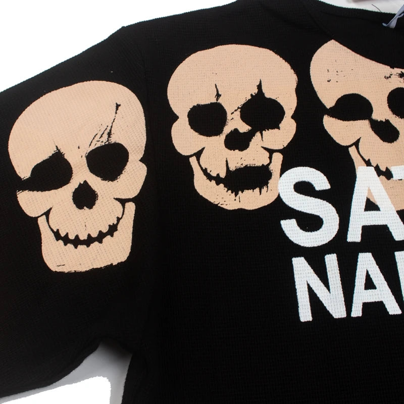 2XL Vintage Flame String Skull Print Washed Black Satoshi Long Sleeved Tshirts Men Women Round Neck Pullover Loose Street Outfit - Matrix-studios.com