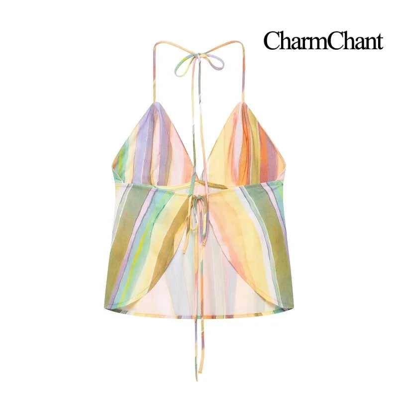 CHARMCHANT Women's Colorful Stripe Two Piece Outfit Halter Backless Tie Top Wide Leg Trousers Holiday Matching Suit Summer 2026 - Matrix-studios.com
