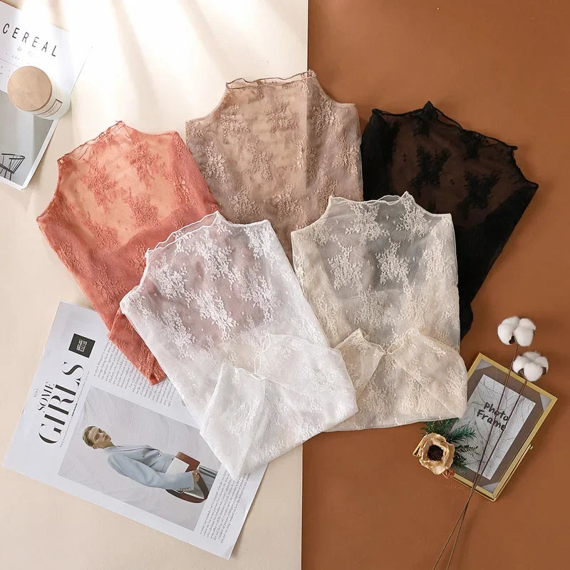 New Women Floral Lace Shirt Spring Autumn Long Sleeve Sexy Mesh Bottoming Shirts Mock Neck Blouse T-Shirt Pullover Top - Matrix-studios.com
