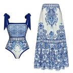 Fashion Women's Clothing One Piece Navy Print Swimsuit Bikini Set Beach Skirt Polyester Bodysuit Swimwear Style Wear Maxi Dress - Matrix Studios